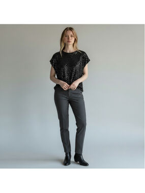 XL Black Sequin Round Neck Short Sleeve Tee T-Shirt Top